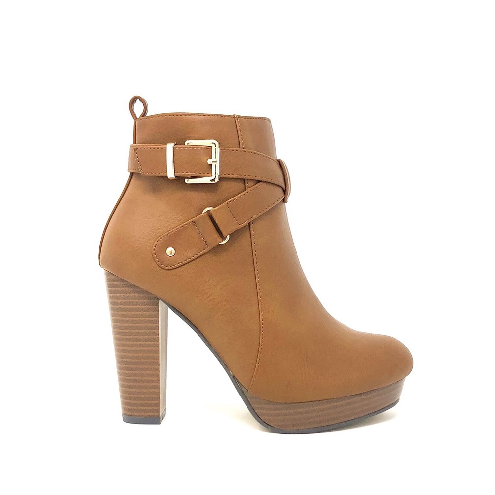 Cognac Tan Vegan Leather Buckle Ankle Boots - Picture 2 of 12